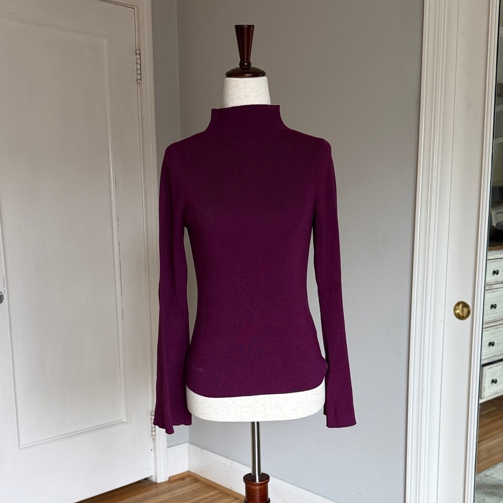Maeve Mock Neck Bell-Sleeve Sweater in Plum